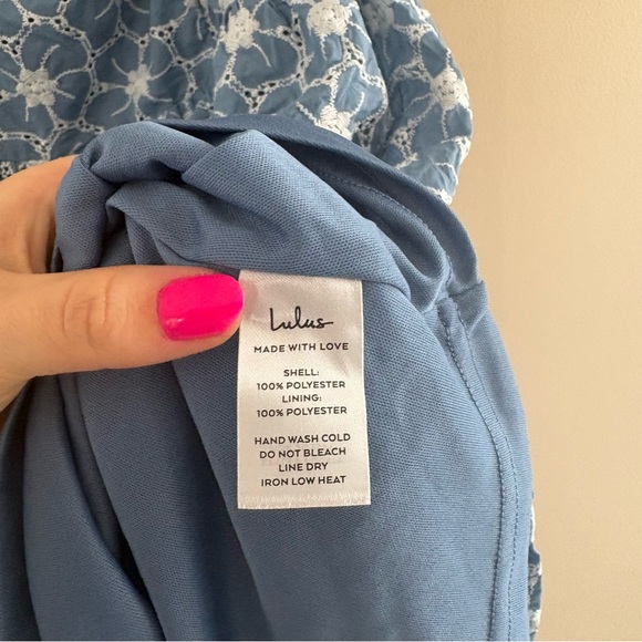 Lulus Fit to Frolic Blue Eyelet Lace Puff Sleeve Babydoll Dress size Large Beach - Picture 9 of 9